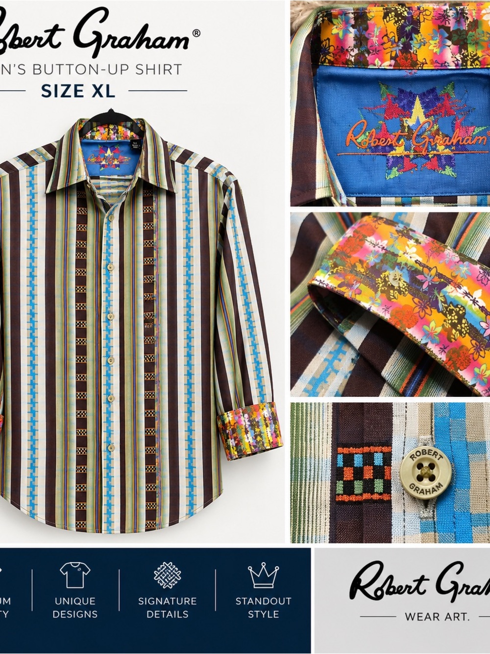 Robert Graham Brown Multi-Stripe Button-Up Shirt with Blue & Cream Accents